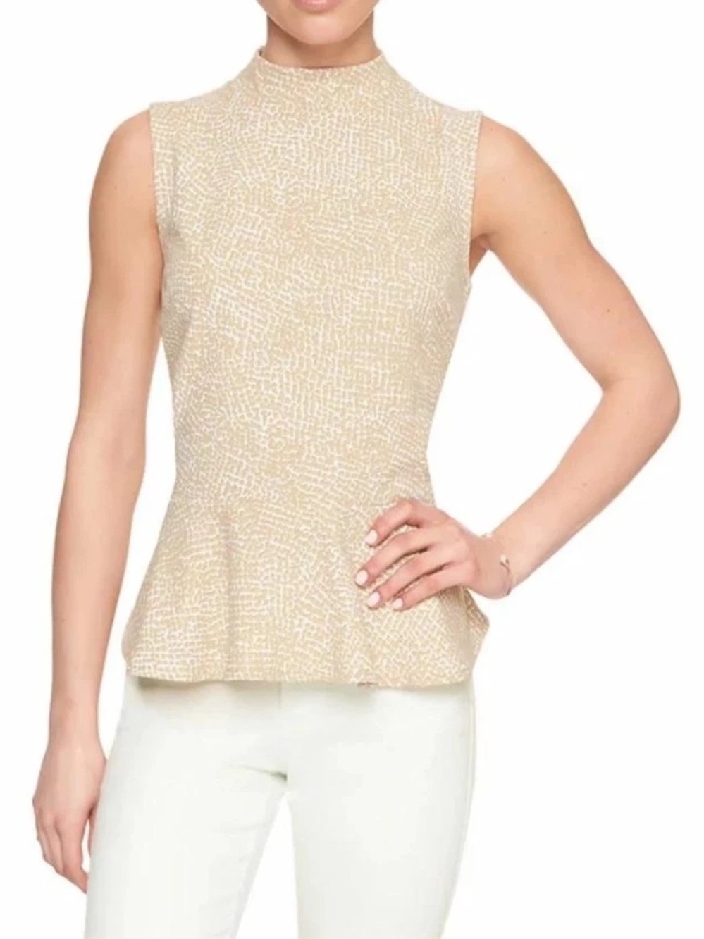 Banana Republic Mock Neck Peplum Hem Animal Print Beige Sleeveless Top